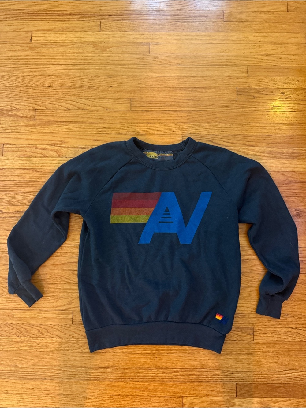 Aviator Nation Navy Crewneck Sweatshirt with Blue Logo and Rainbow Stripe